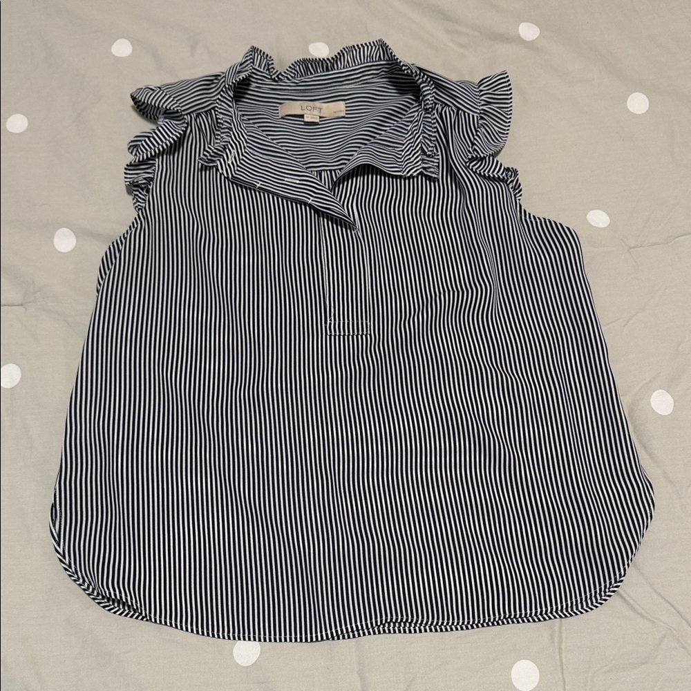 NWOT LOFT Navy and White Striped Ruffle Blouse